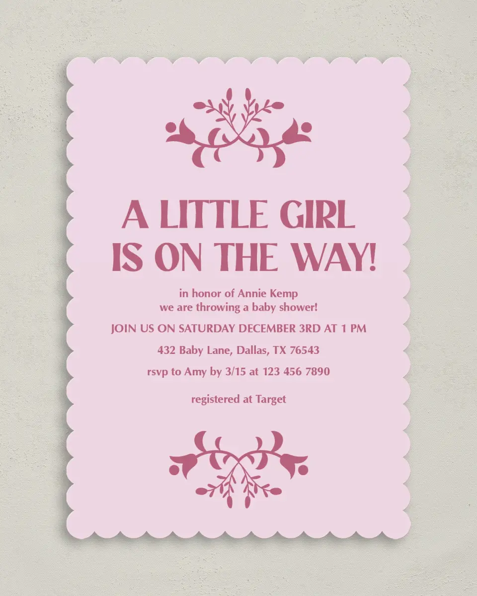 This is a 5" x 7" Baby Shower Invitation called Pink Party printed in full color on Premium Smooth paper