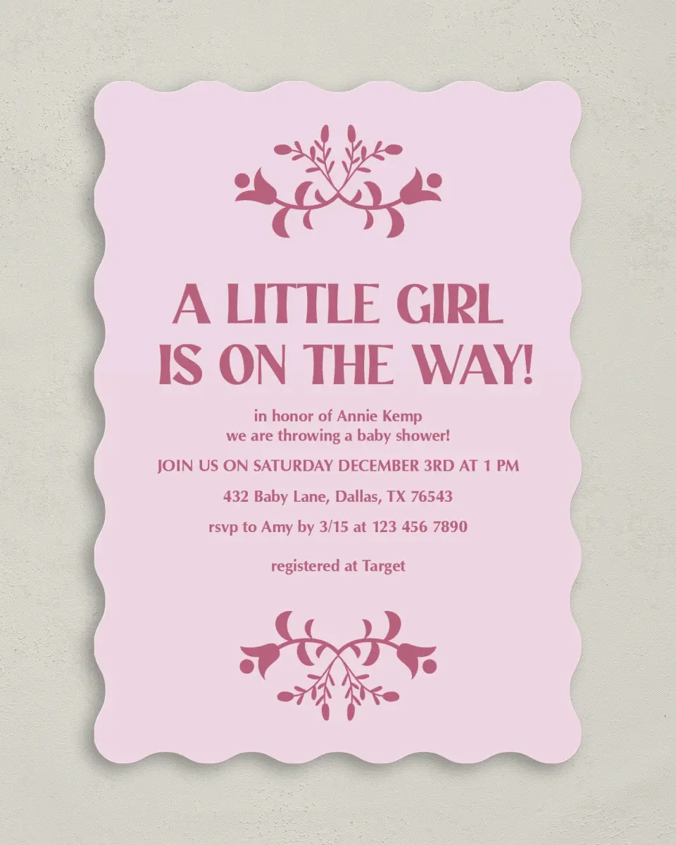This is a 5" x 7" Baby Shower Invitation called Pink Party printed in full color on Premium Smooth paper