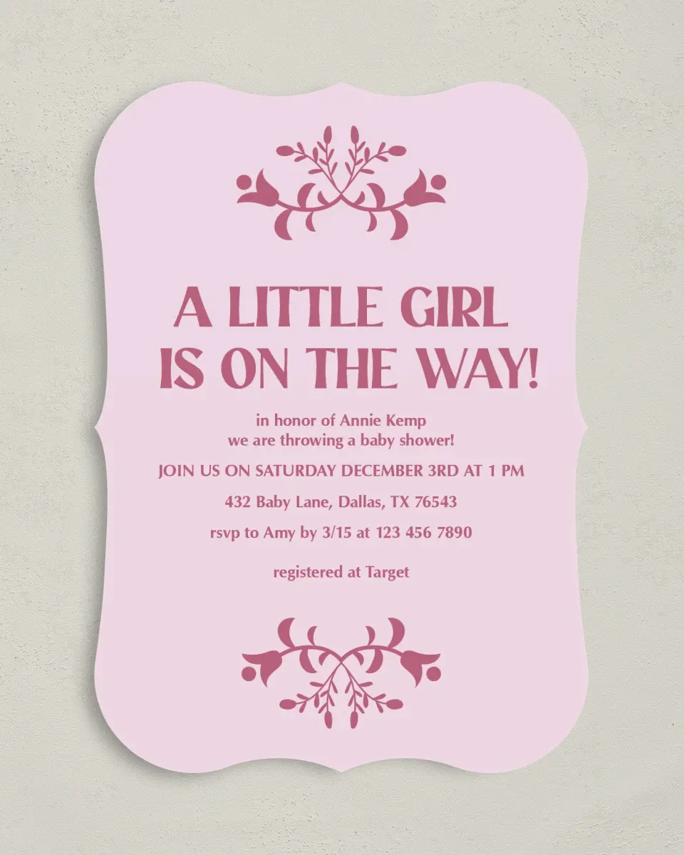 This is a 5" x 7" Baby Shower Invitation called Pink Party printed in full color on Premium Smooth paper