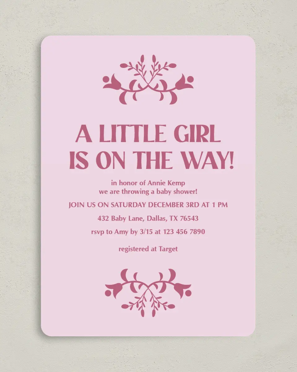 This is a 5" x 7" Baby Shower Invitation called Pink Party printed in full color on Premium Smooth paper