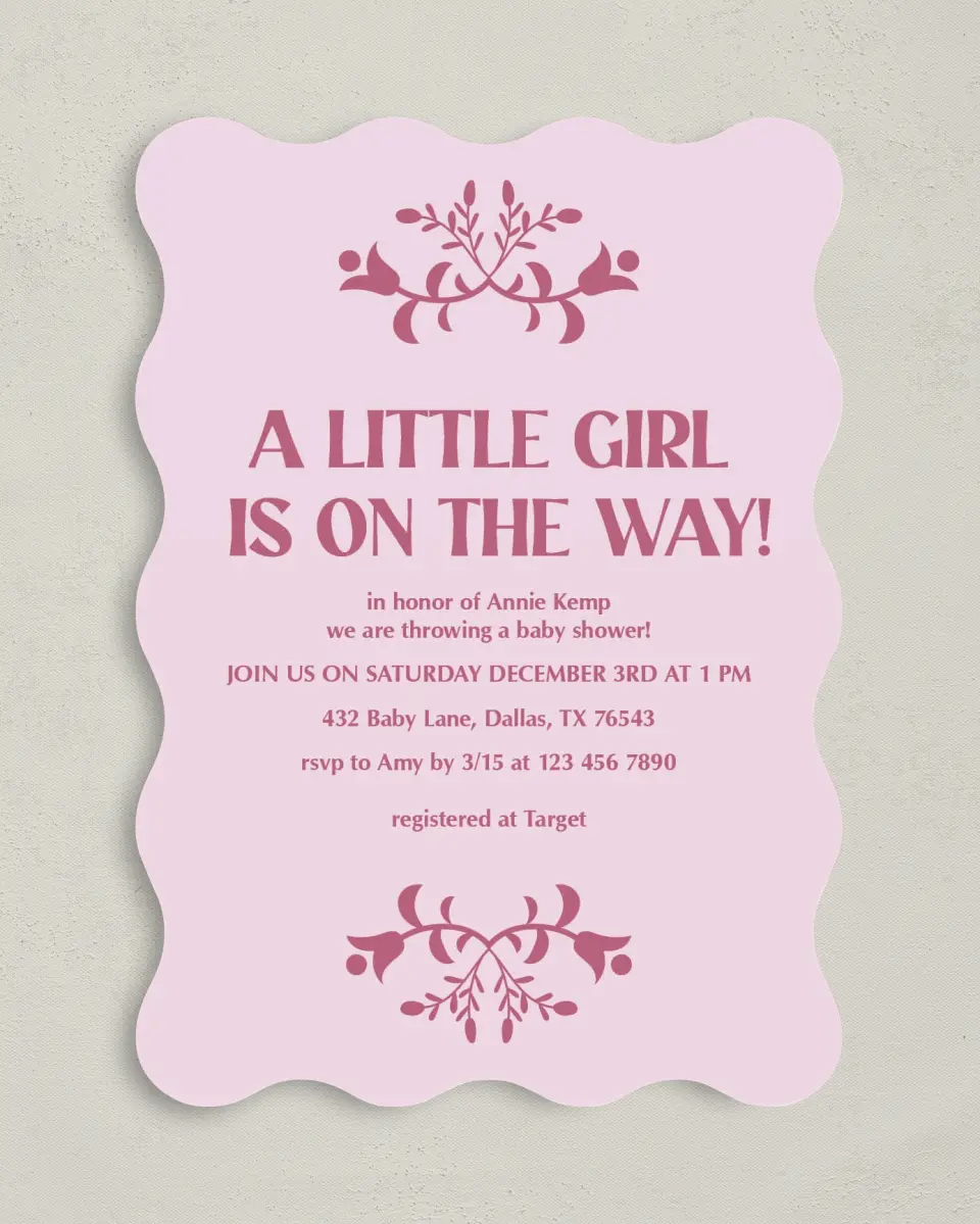 This is a 5" x 7" Baby Shower Invitation called Pink Party printed in full color on Premium Smooth paper