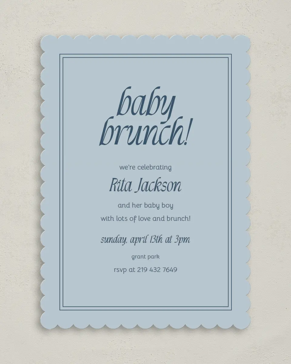 This is a 5" x 7" Baby Shower Invitation called Breezy Brunch printed in full color on Premium Smooth paper