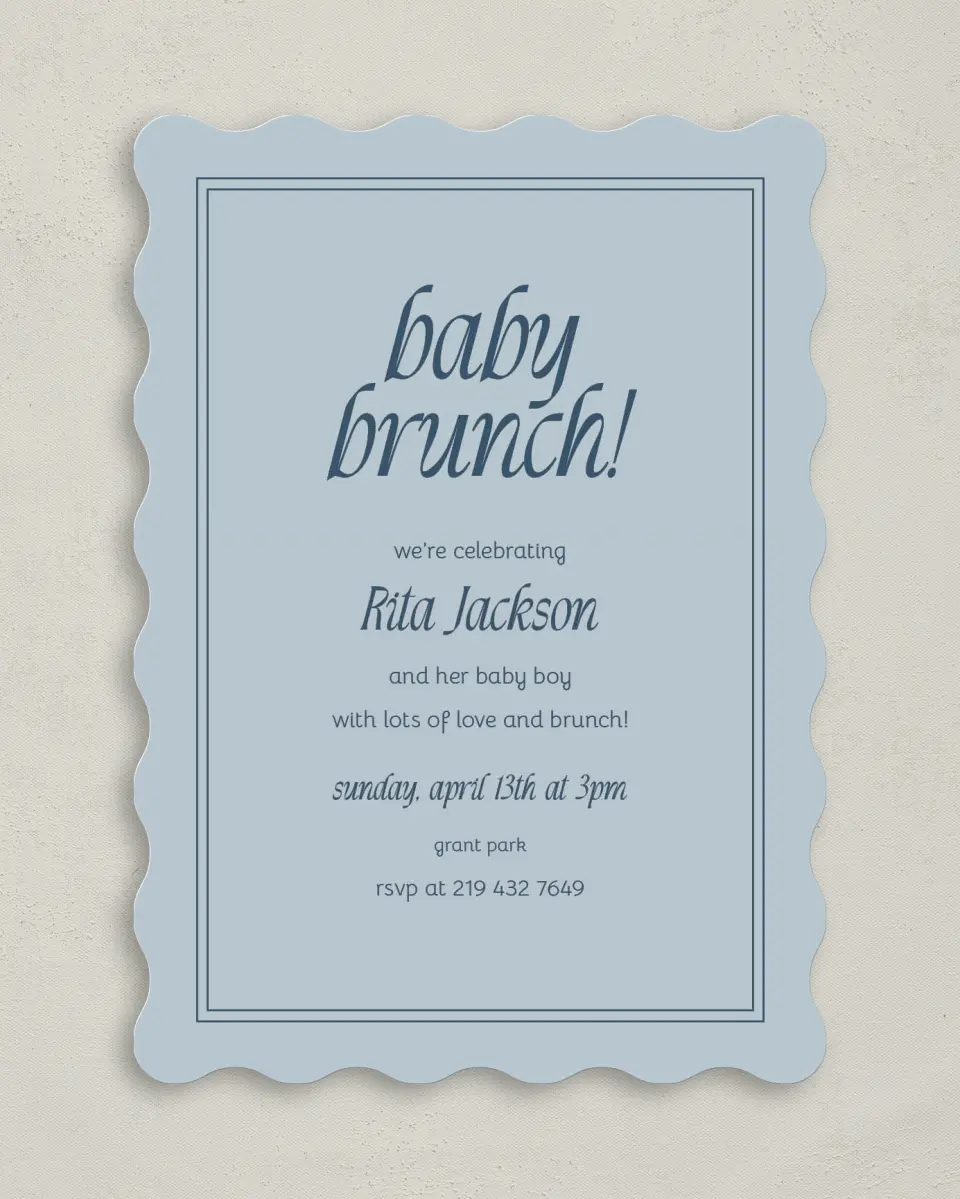 This is a 5" x 7" Baby Shower Invitation called Breezy Brunch printed in full color on Premium Smooth paper
