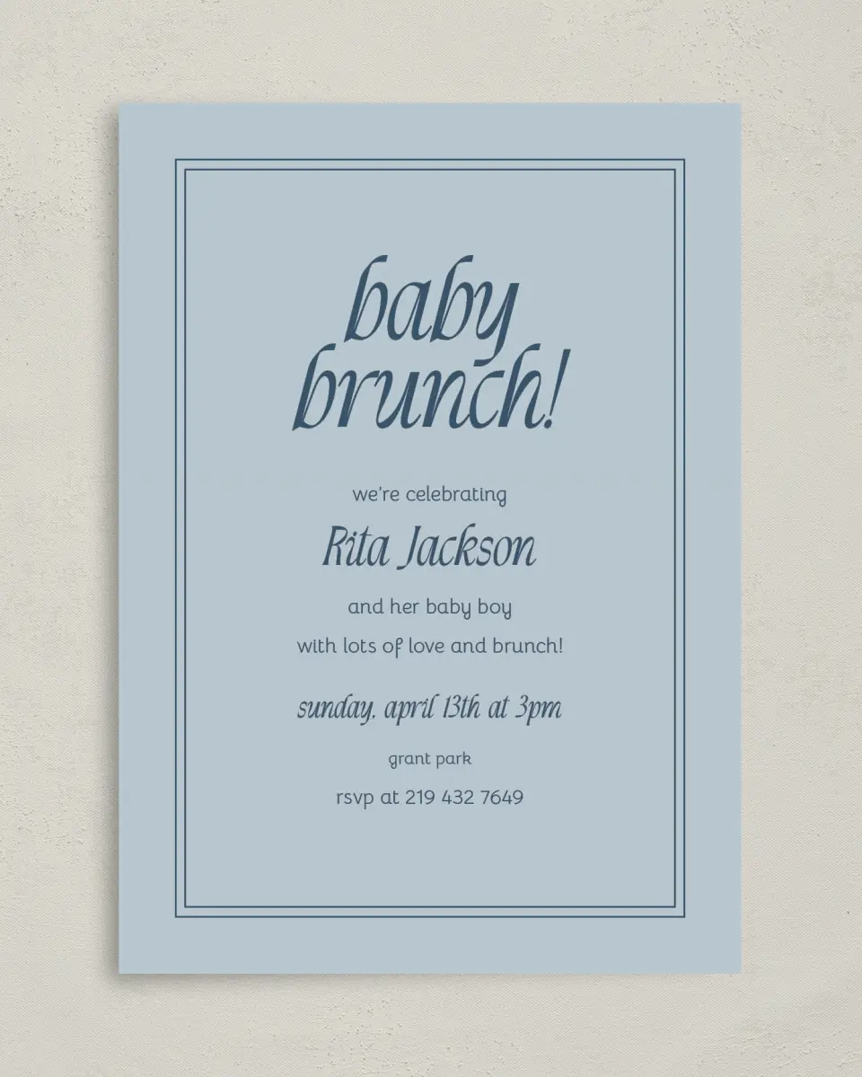 This is a 5" x 7" Baby Shower Invitation called Breezy Brunch printed in full color with Silver foil on Luxe Satin (coated) paper