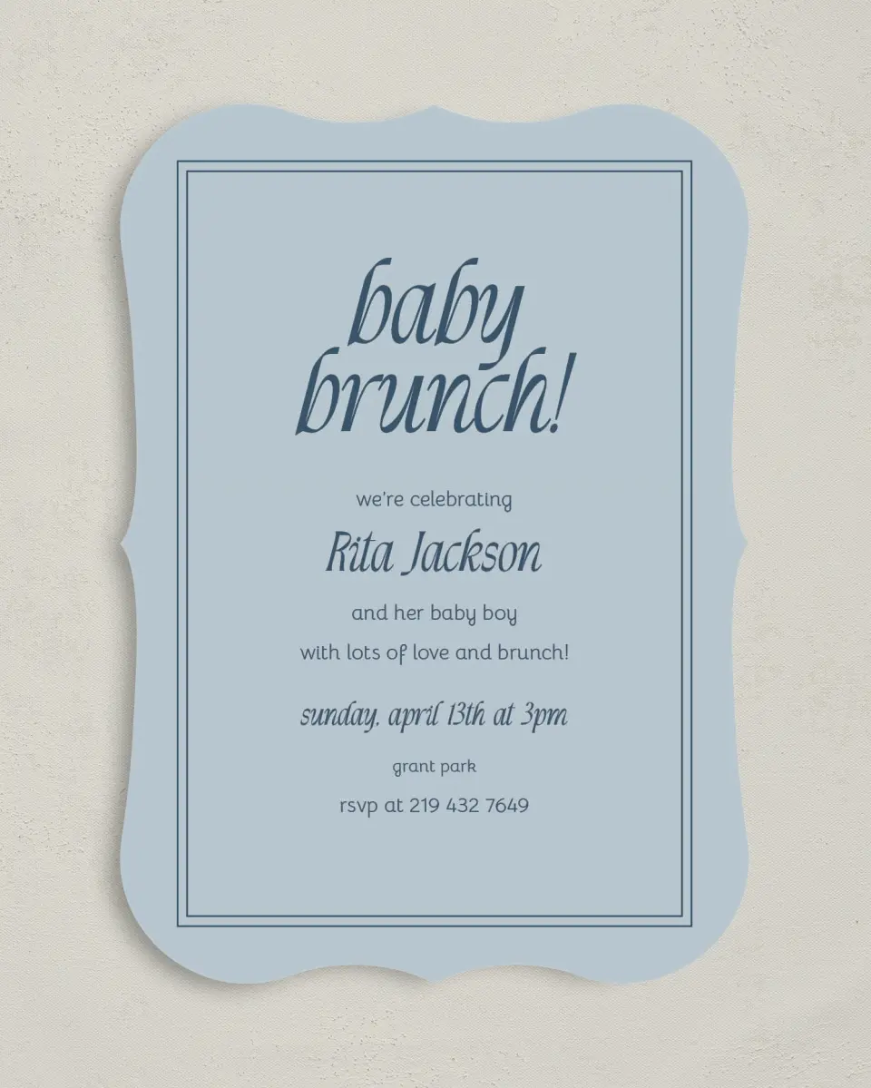 This is a 5" x 7" Baby Shower Invitation called Breezy Brunch printed in full color on Premium Smooth paper