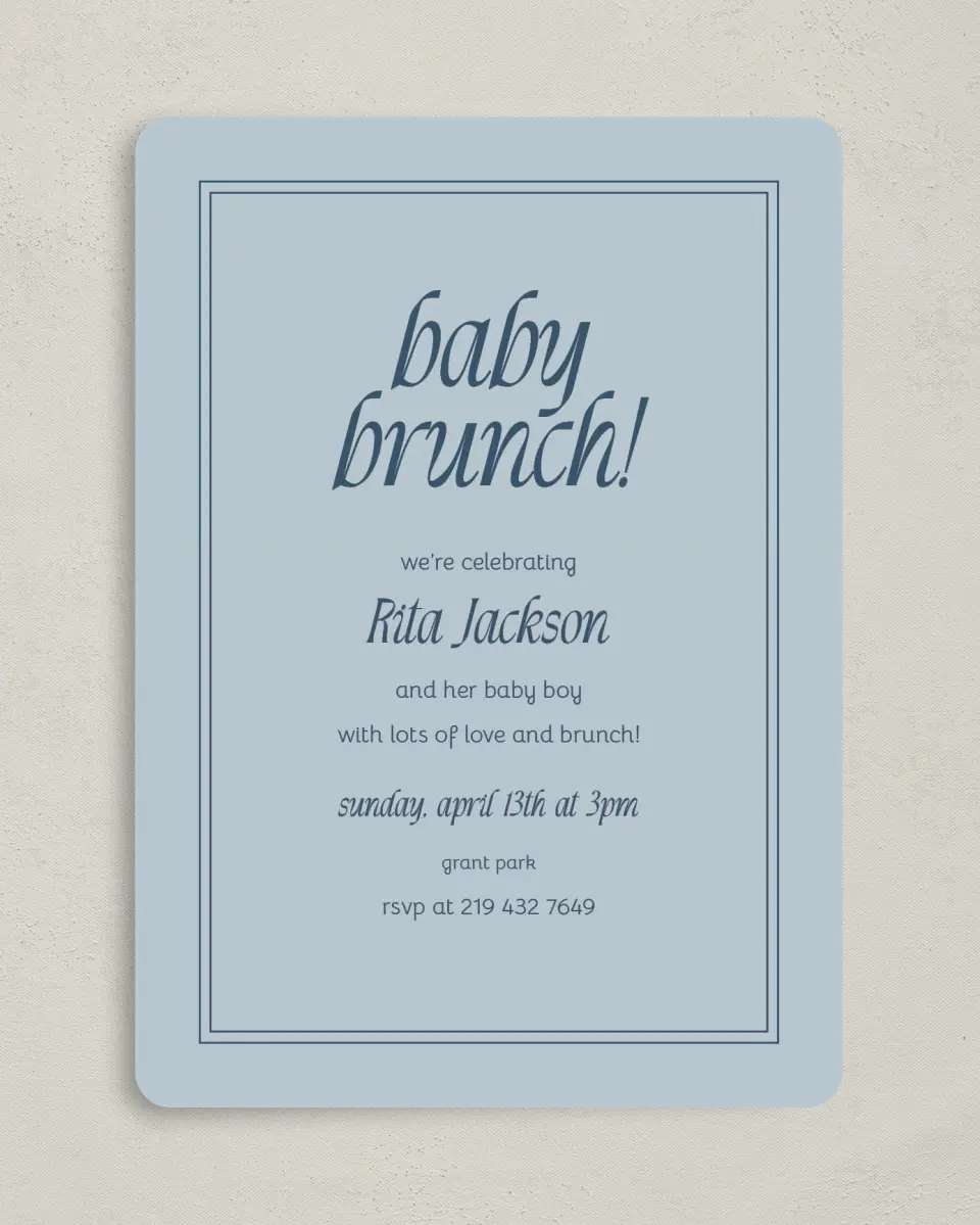 This is a 5" x 7" Baby Shower Invitation called Breezy Brunch printed in full color on Premium Smooth paper