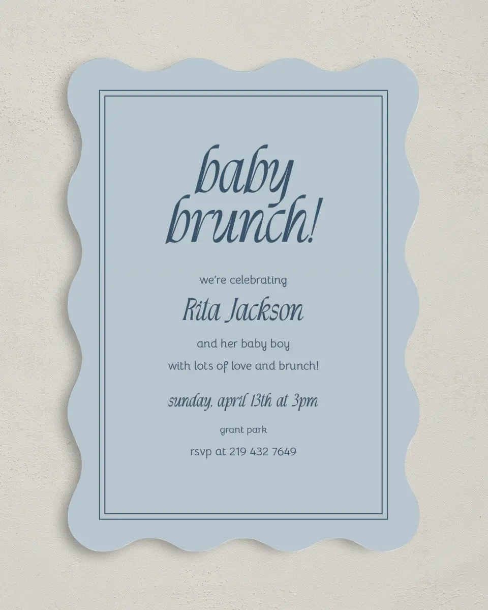 This is a 5" x 7" Baby Shower Invitation called Breezy Brunch printed in full color on Premium Smooth paper