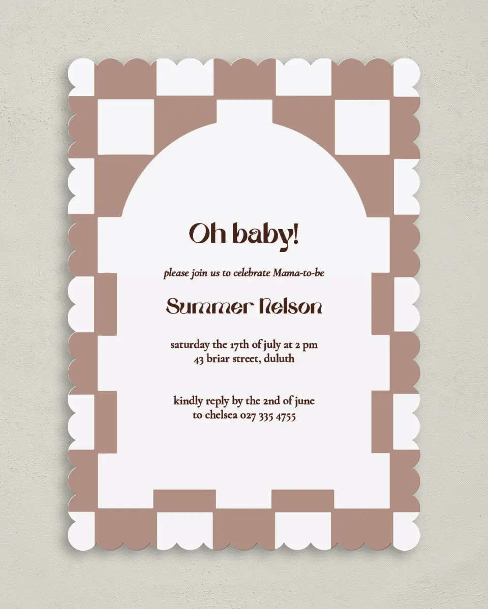 This is a 5" x 7" Baby Shower Invitation called Checkered Celebration printed in full color on Premium Smooth paper