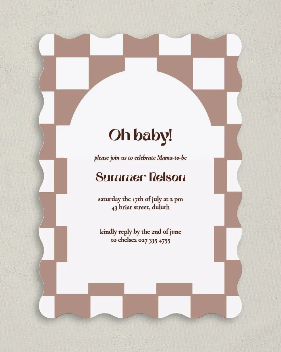 This is a 5" x 7" Baby Shower Invitation called Checkered Celebration printed in full color on Premium Smooth paper