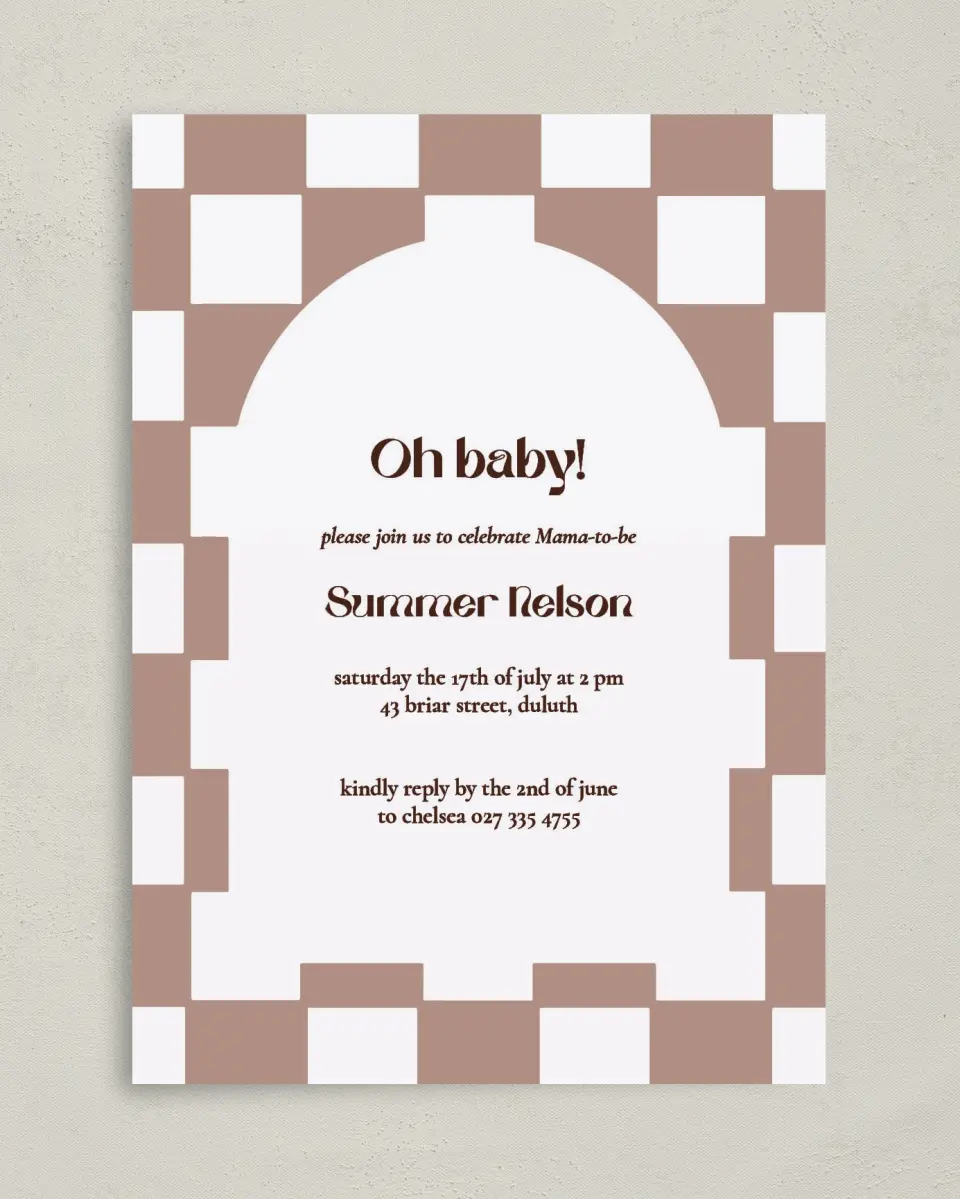 This is a 5" x 7" Baby Shower Invitation called Checkered Celebration printed in full color on Premium Smooth paper