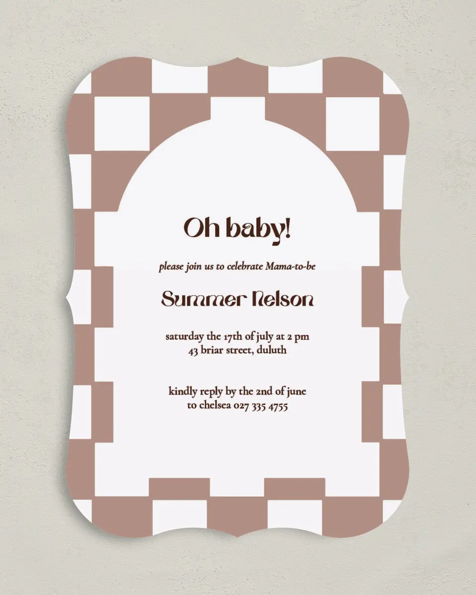 This is a 5" x 7" Baby Shower Invitation called Checkered Celebration printed in full color on Premium Smooth paper