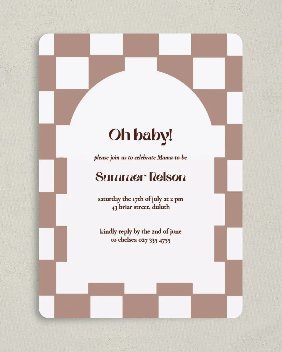 This is a 5" x 7" Baby Shower Invitation called Checkered Celebration printed in full color on Premium Smooth paper