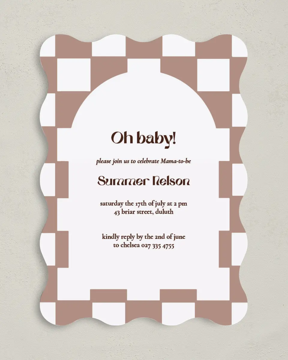 This is a 5" x 7" Baby Shower Invitation called Checkered Celebration printed in full color on Premium Smooth paper