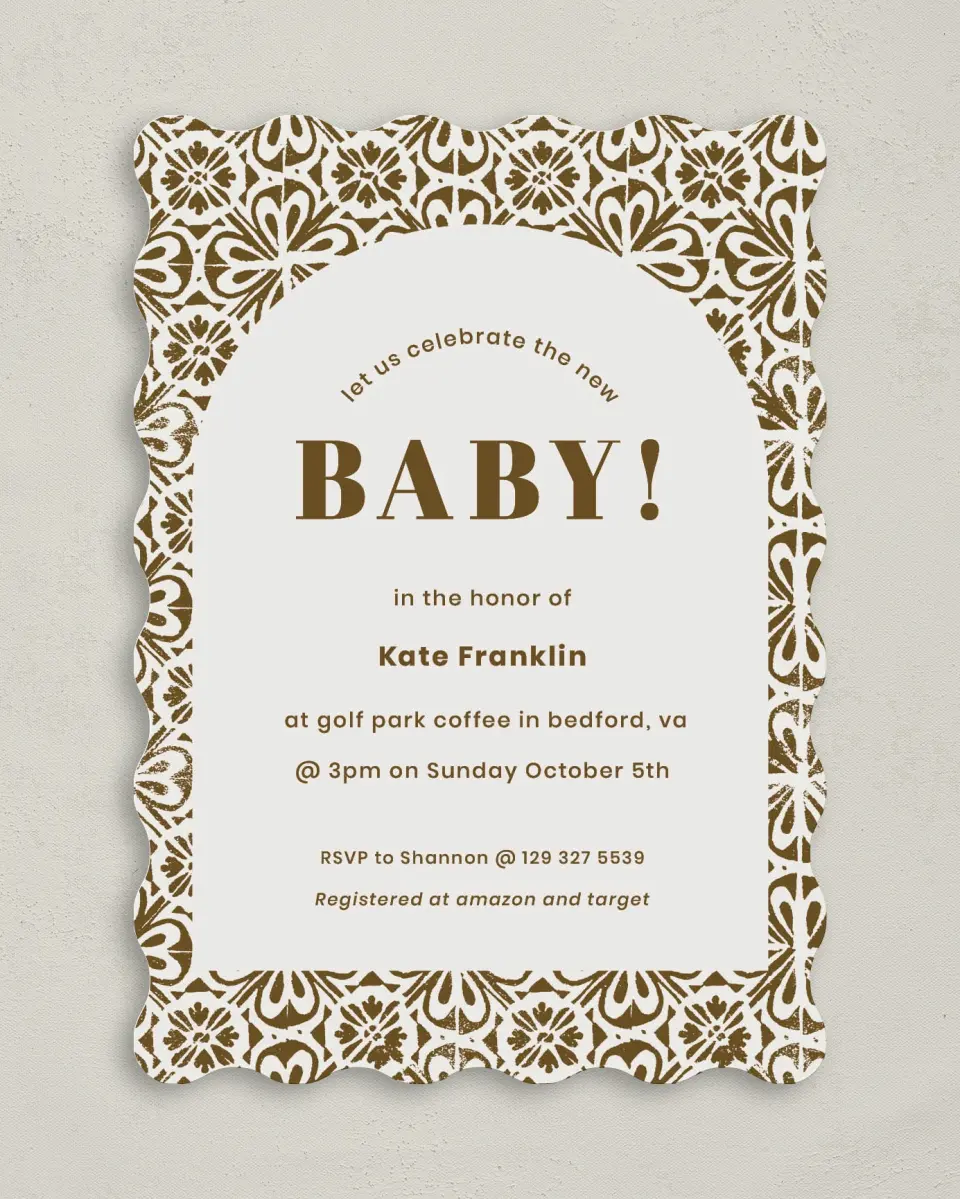 This is a 5" x 7" Baby Shower Invitation called Sweet Baby printed in full color with Rose Gold foil on Luxe Satin (coated) paper