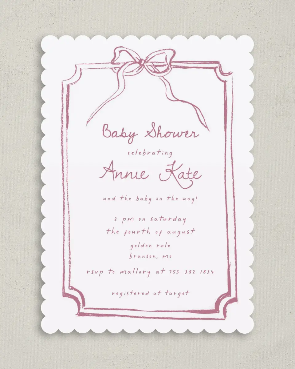 This is a 5" x 7" Baby Shower Invitation called Careful Coquette printed in full color on Premium Smooth paper