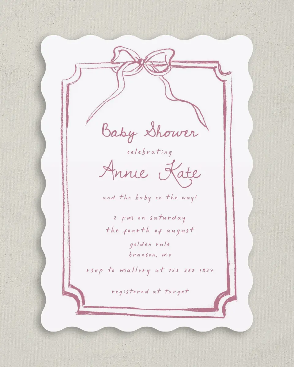 This is a 5" x 7" Baby Shower Invitation called Careful Coquette printed in full color on Premium Smooth paper