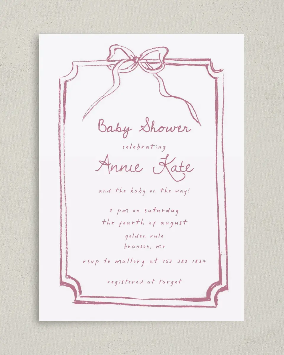 This is a 5" x 7" Baby Shower Invitation called Careful Coquette printed in full color on Premium Smooth paper