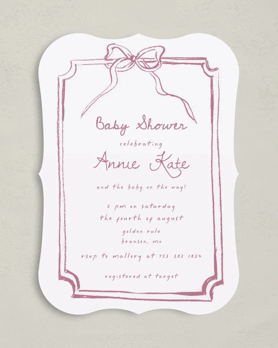 This is a 5" x 7" Baby Shower Invitation called Careful Coquette printed in full color on Premium Smooth paper