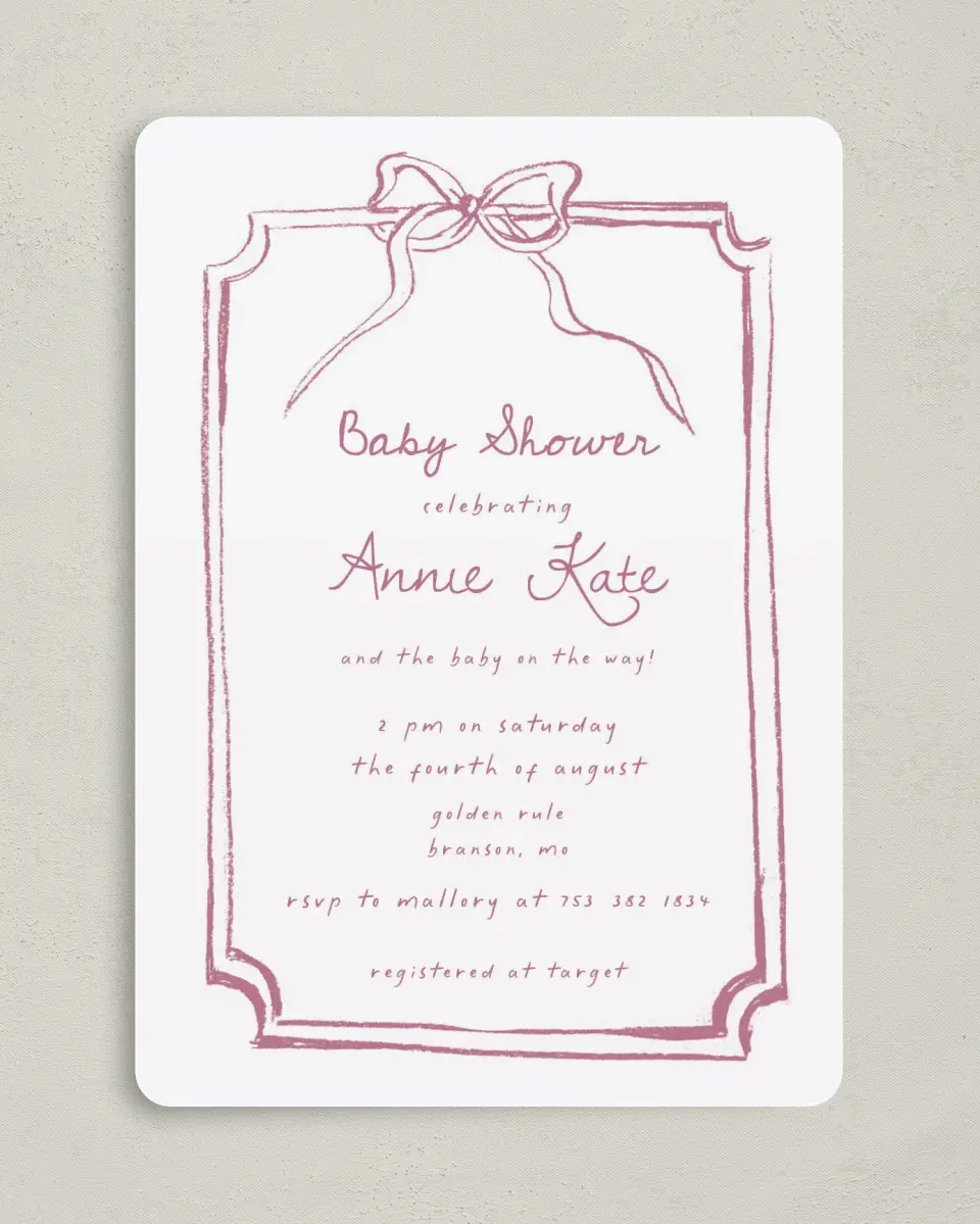 This is a 5" x 7" Baby Shower Invitation called Careful Coquette printed in full color on Premium Smooth paper
