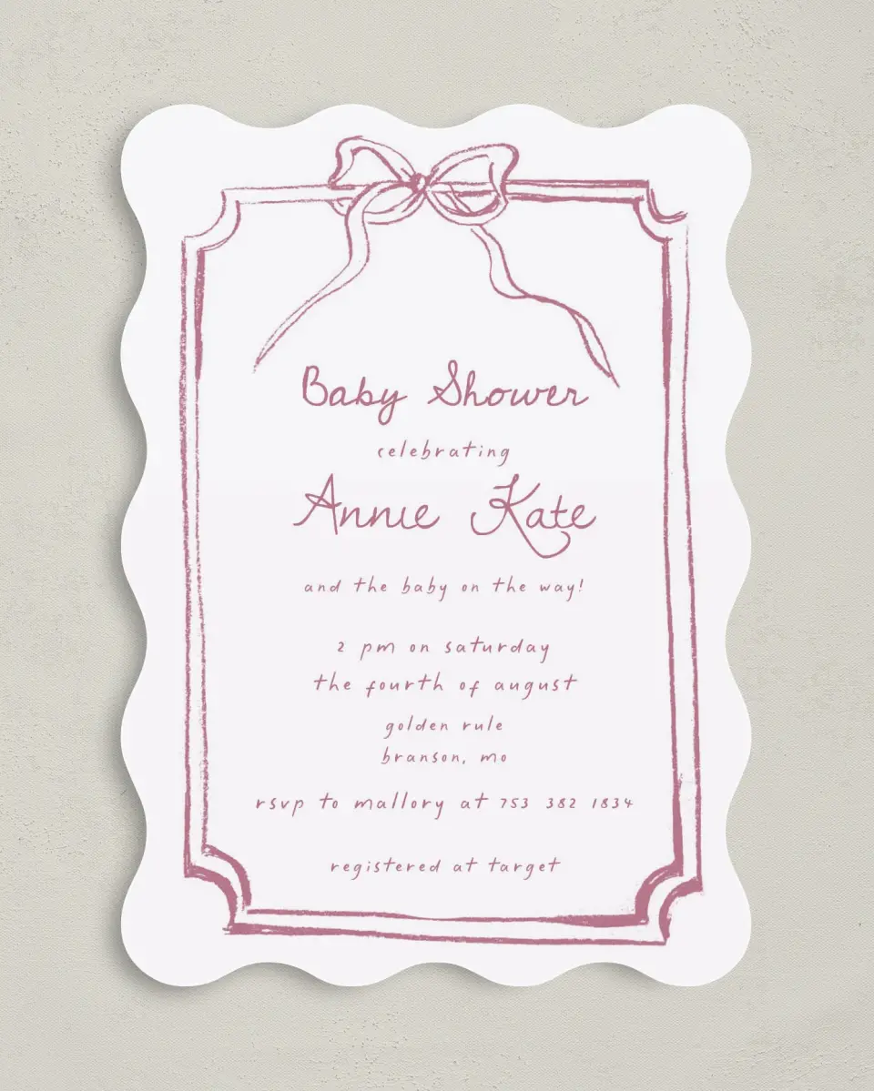 This is a 5" x 7" Baby Shower Invitation called Careful Coquette printed in full color on Premium Smooth paper