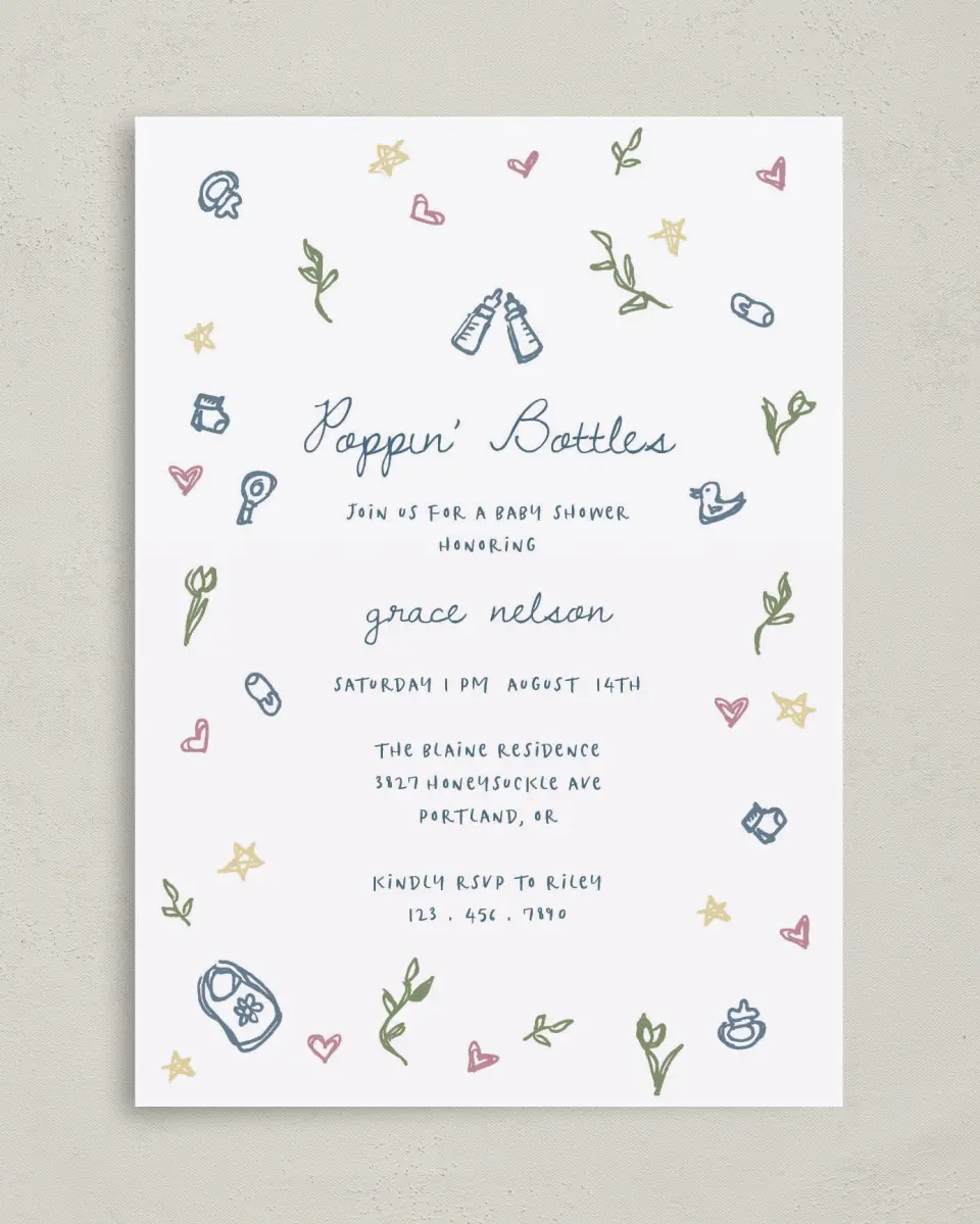 This is a 5" x 7" Baby Shower Invitation called Dainty Delight printed in full color with Rose Gold foil on Luxe Satin (coated) paper
