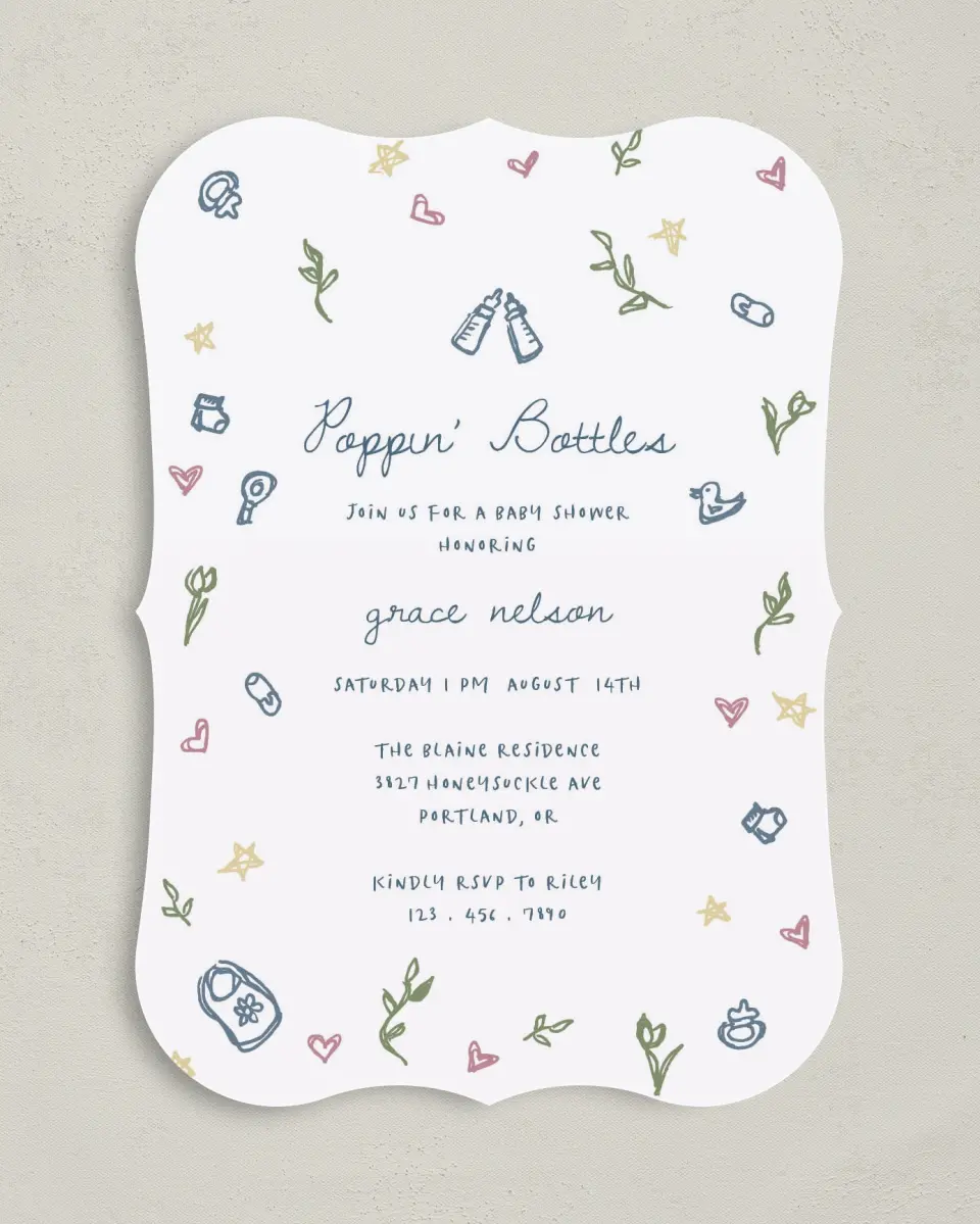 This is a 5" x 7" Baby Shower Invitation called Dainty Delight printed in full color with Rose Gold foil on Luxe Satin (coated) paper