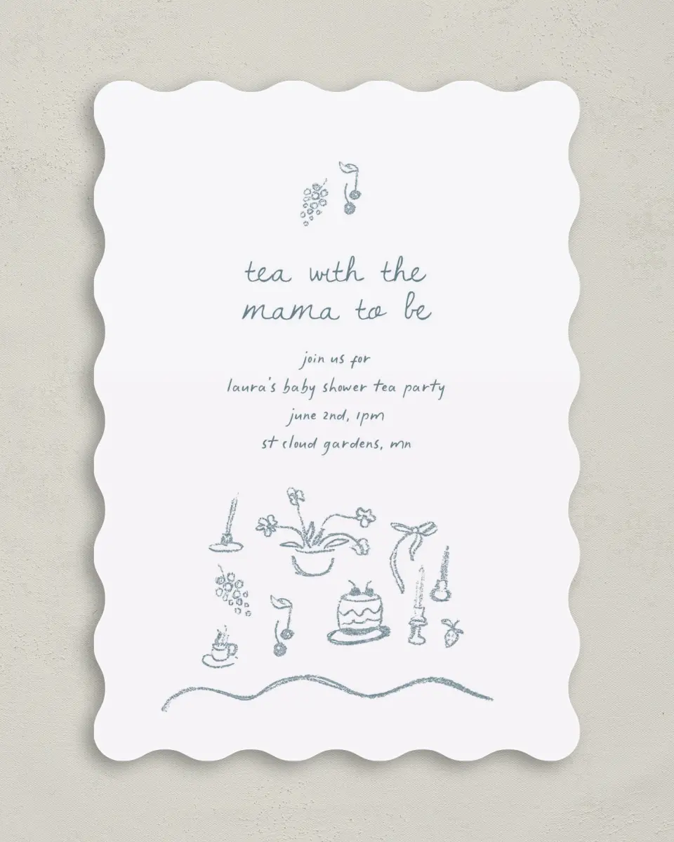 This is a 5" x 7" Baby Shower Invitation called Teeny Tiny Tea printed in full color on Premium Smooth paper