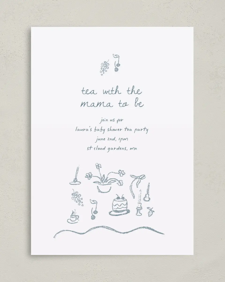 This is a 5" x 7" Baby Shower Invitation called Teeny Tiny Tea printed in full color on Premium Smooth paper