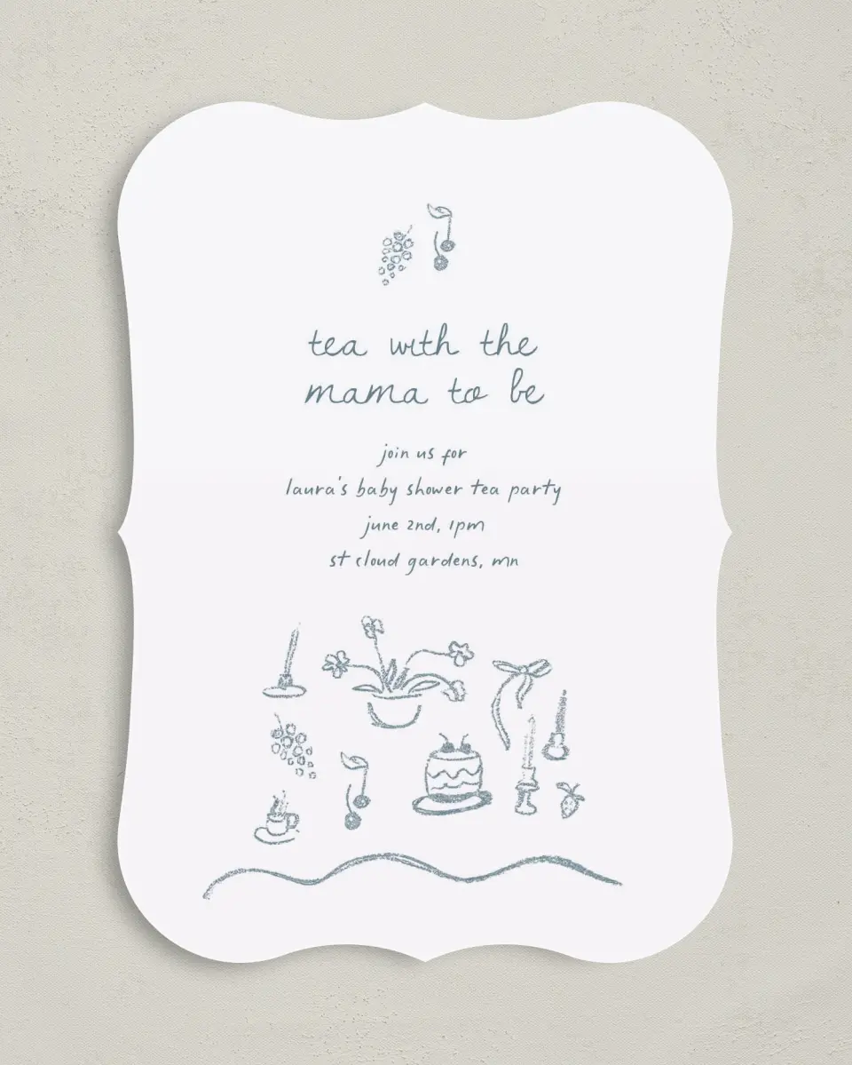 This is a 5" x 7" Baby Shower Invitation called Teeny Tiny Tea printed in full color on Premium Smooth paper