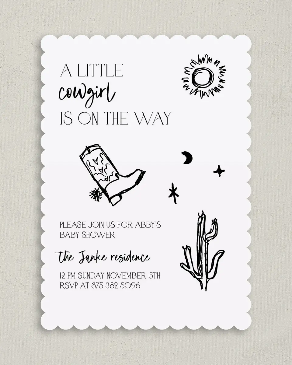 This is a 5" x 7" Baby Shower Invitation called Little Cowgirl printed in full color on Premium Smooth paper