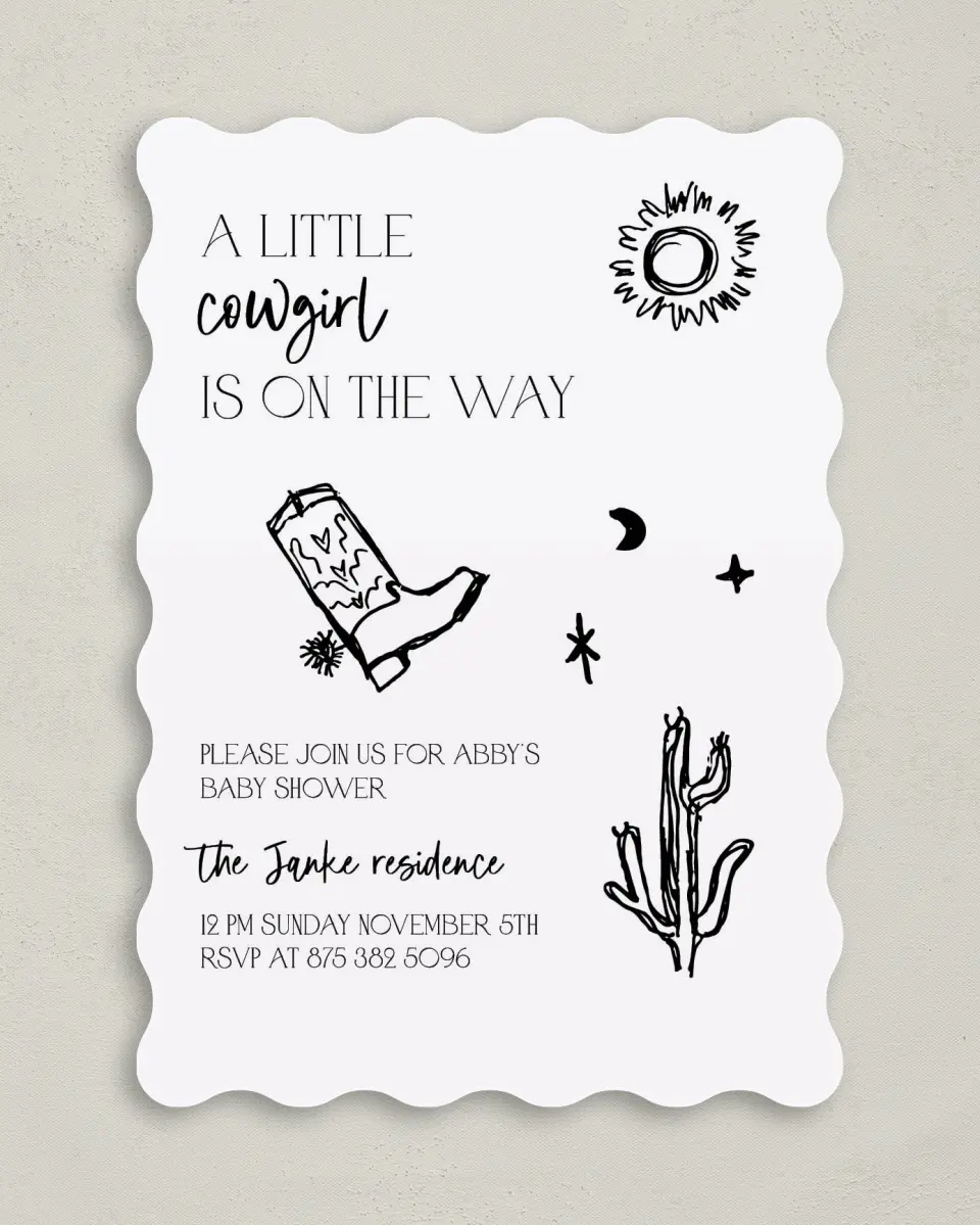 This is a 5" x 7" Baby Shower Invitation called Little Cowgirl printed in full color on Premium Smooth paper