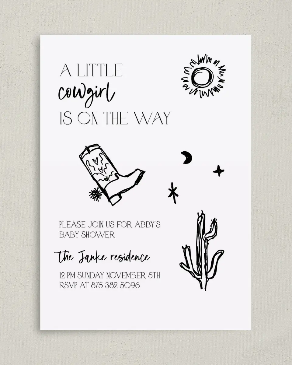 This is a 5" x 7" Baby Shower Invitation called Little Cowgirl printed in full color on Premium Smooth paper
