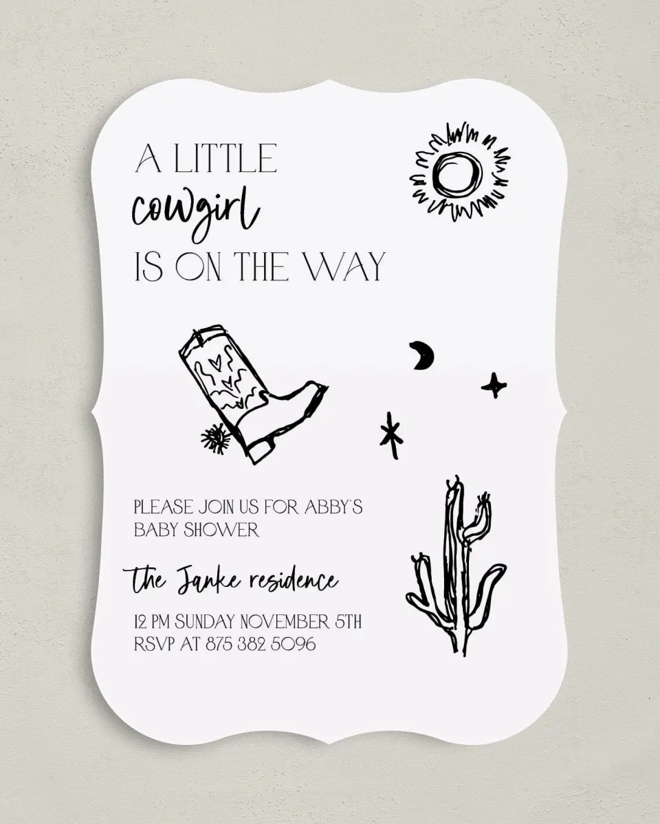 This is a 5" x 7" Baby Shower Invitation called Little Cowgirl printed in full color on Premium Smooth paper