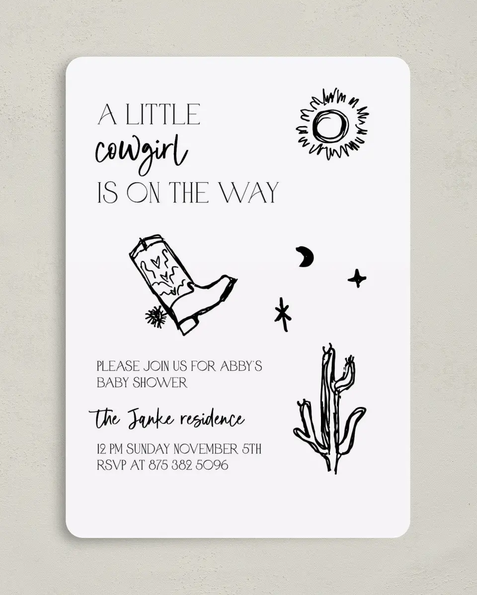 This is a 5" x 7" Baby Shower Invitation called Little Cowgirl printed in full color on Premium Smooth paper