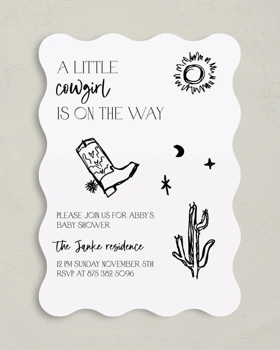 This is a 5" x 7" Baby Shower Invitation called Little Cowgirl printed in full color on Premium Smooth paper