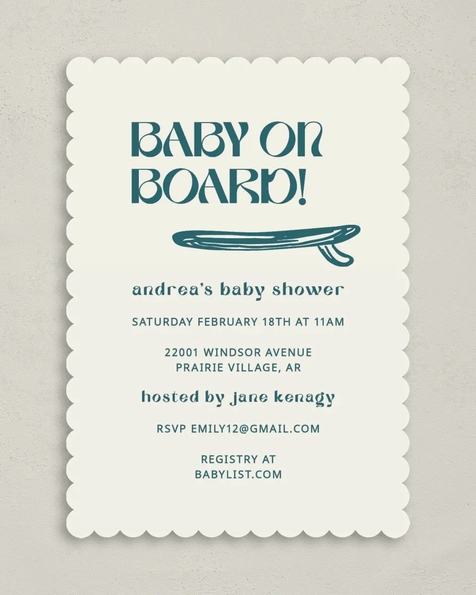 This is a 5" x 7" Baby Shower Invitation called Ready for Surf printed in full color on Premium Smooth paper