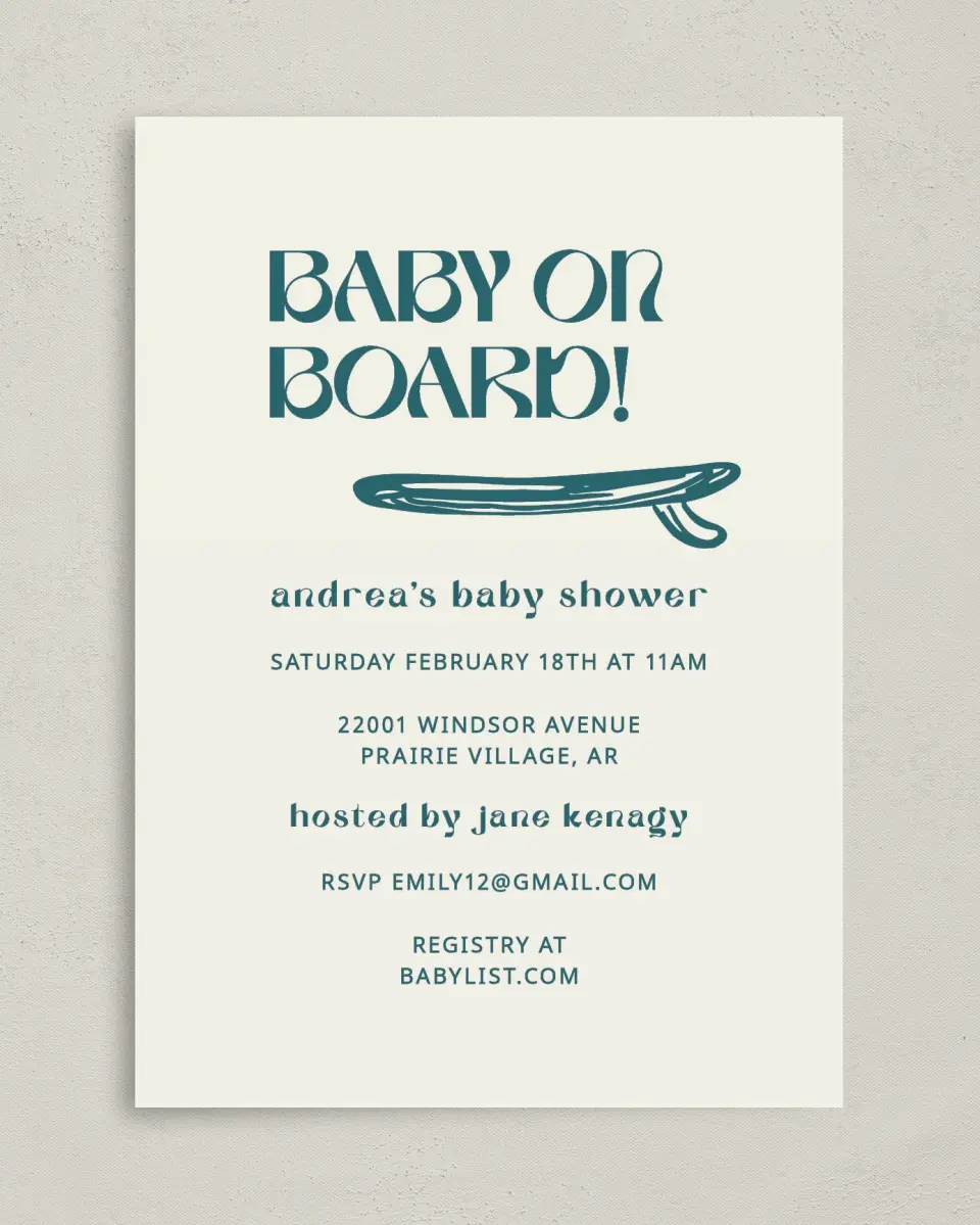 This is a 5" x 7" Baby Shower Invitation called Ready for Surf printed in full color on Premium Smooth paper