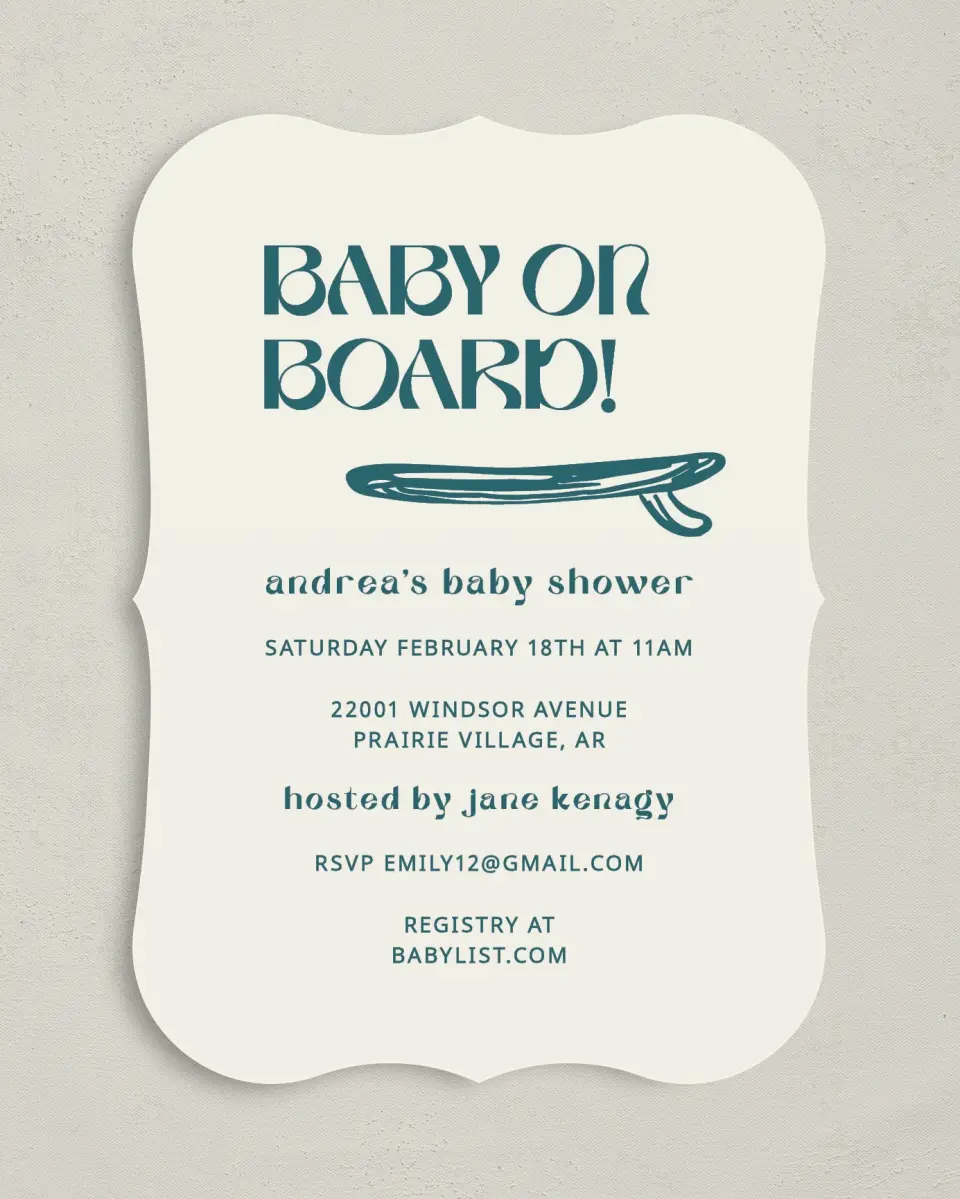 This is a 5" x 7" Baby Shower Invitation called Ready for Surf printed in full color on Premium Smooth paper