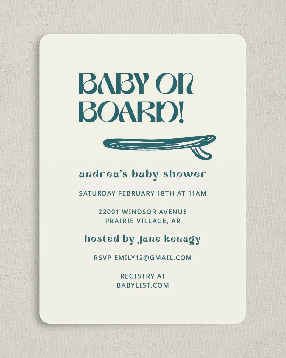 This is a 5" x 7" Baby Shower Invitation called Ready for Surf printed in full color on Premium Smooth paper