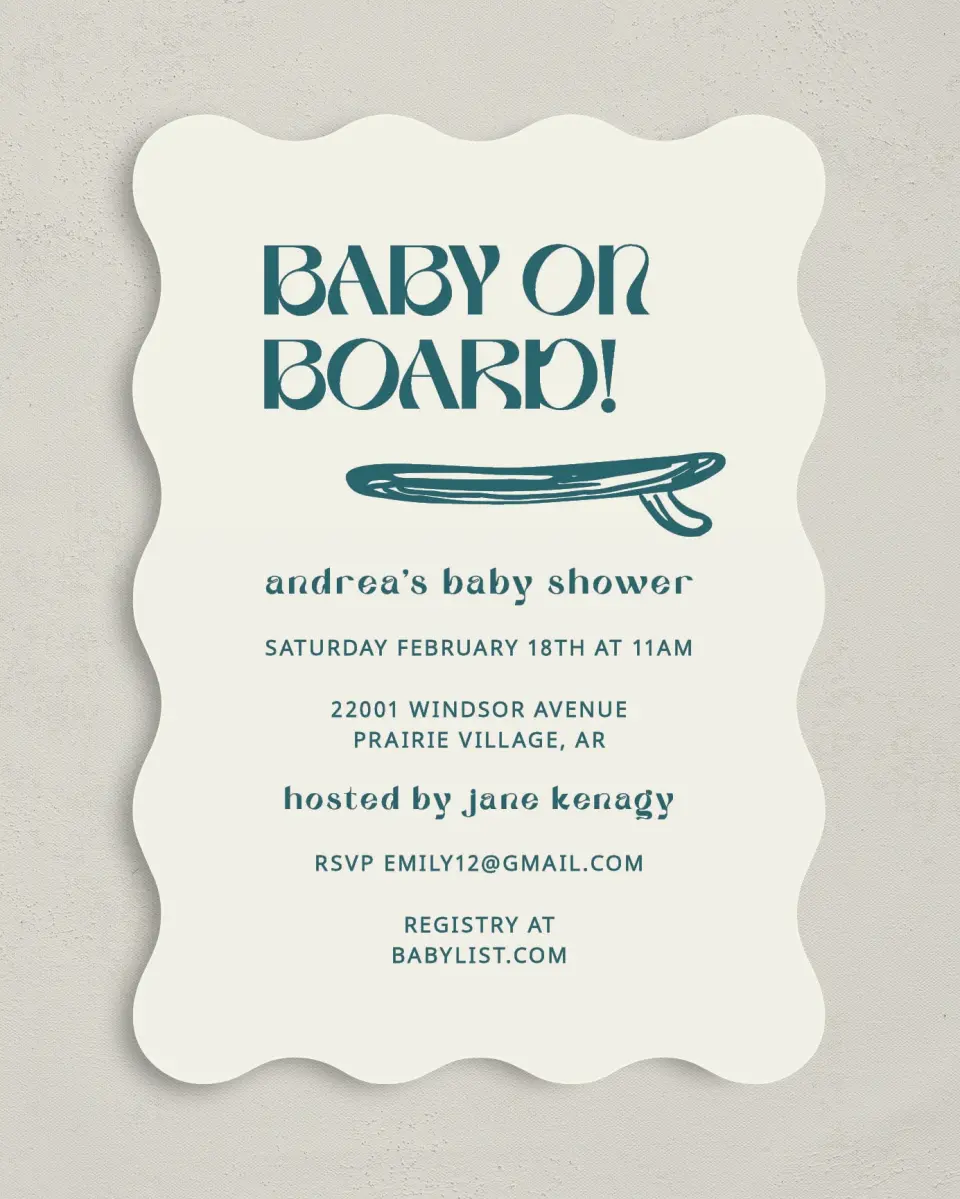 This is a 5" x 7" Baby Shower Invitation called Ready for Surf printed in full color on Premium Smooth paper