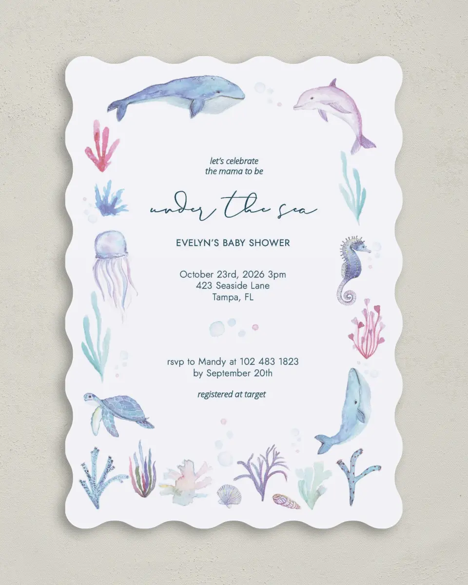 This is a 5" x 7" Baby Shower Invitation called Under The Sea printed in full color on Premium Smooth paper