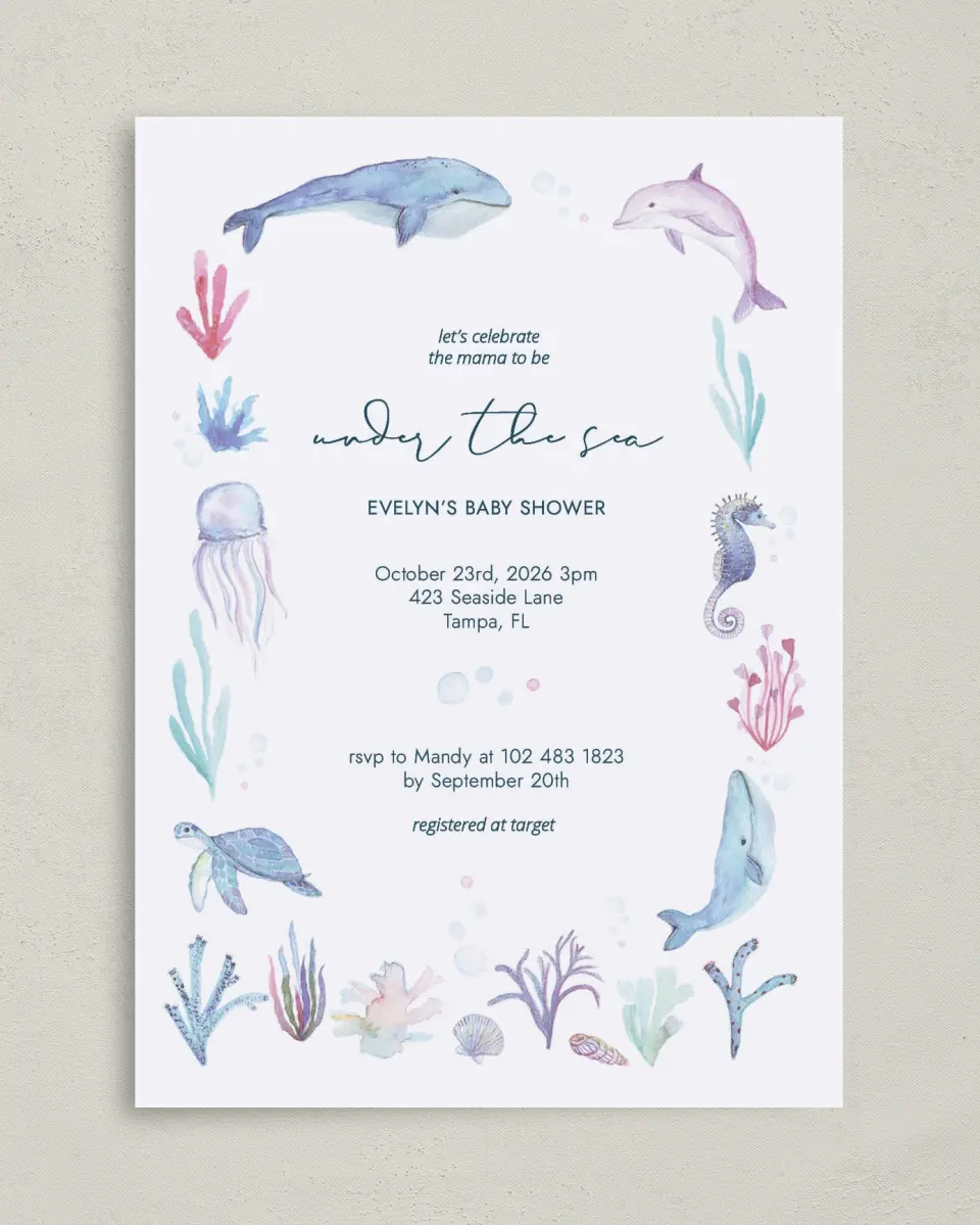 This is a 5" x 7" Baby Shower Invitation called Under The Sea printed in full color with Gold foil on Luxe Satin (coated) paper