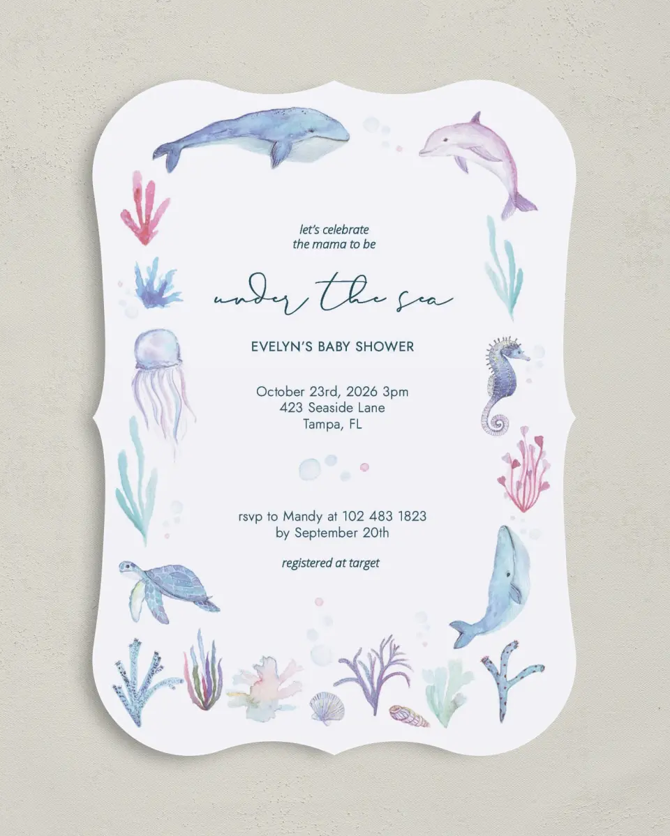 This is a 5" x 7" Baby Shower Invitation called Under The Sea printed in full color on Premium Smooth paper
