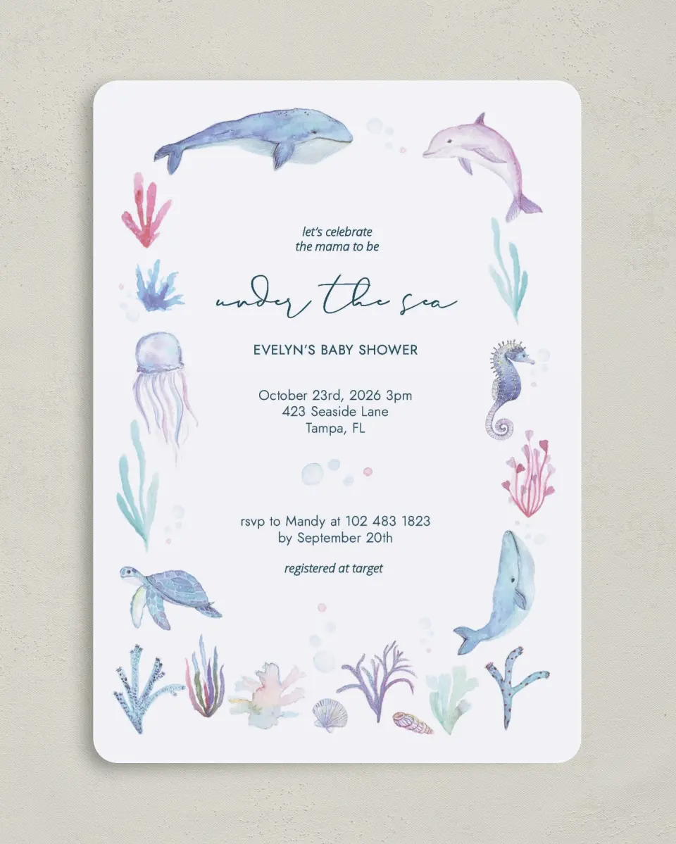 This is a 5" x 7" Baby Shower Invitation called Under The Sea printed in full color on Premium Smooth paper