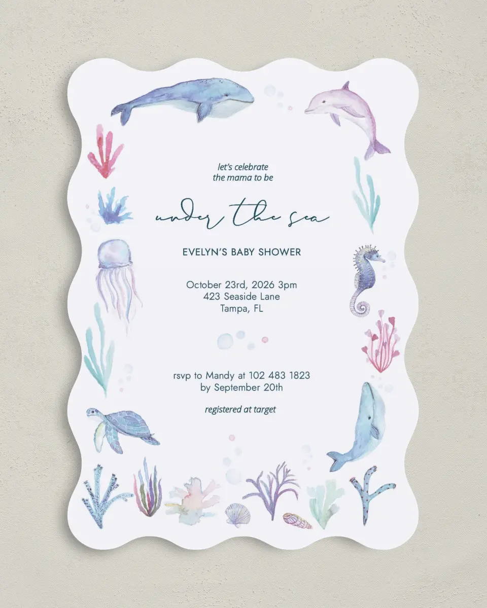 This is a 5" x 7" Baby Shower Invitation called Under The Sea printed in full color on Premium Smooth paper