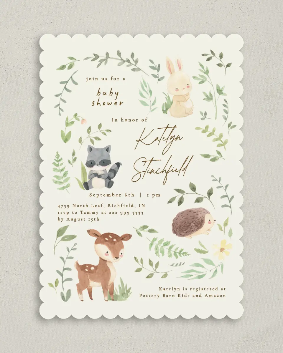 This is a 5" x 7" Baby Shower Invitation called Forest Friends printed in full color on Premium Smooth paper
