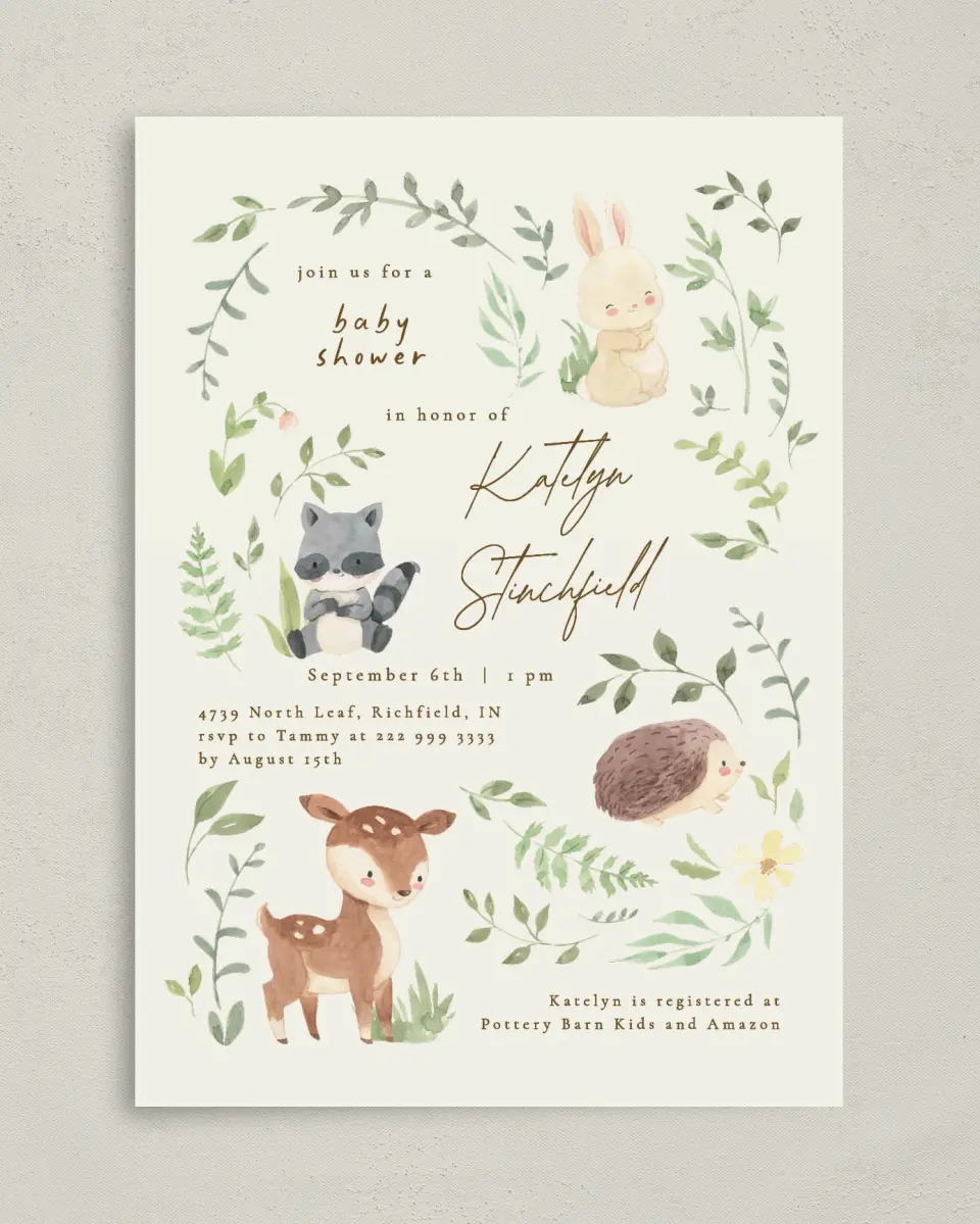 This is a 5" x 7" Baby Shower Invitation called Forest Friends printed in full color with Silver foil on Luxe Satin (coated) paper