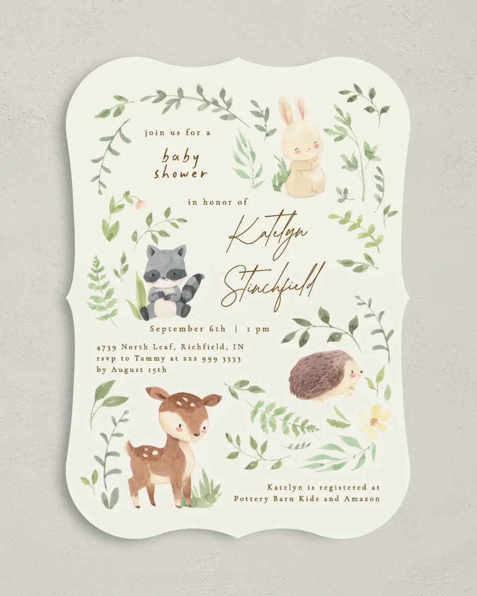 This is a 5" x 7" Baby Shower Invitation called Forest Friends printed in full color on Premium Smooth paper