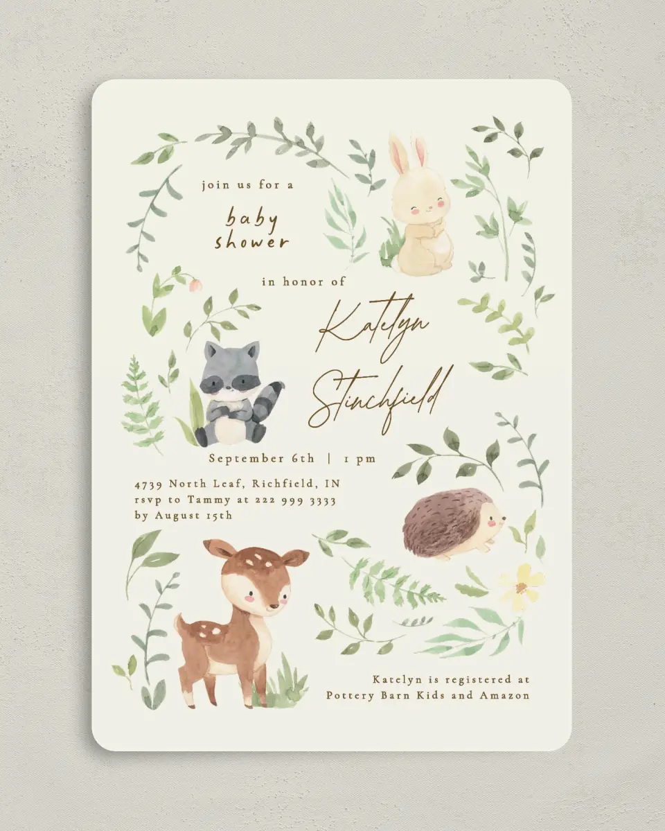 This is a 5" x 7" Baby Shower Invitation called Forest Friends printed in full color on Premium Smooth paper