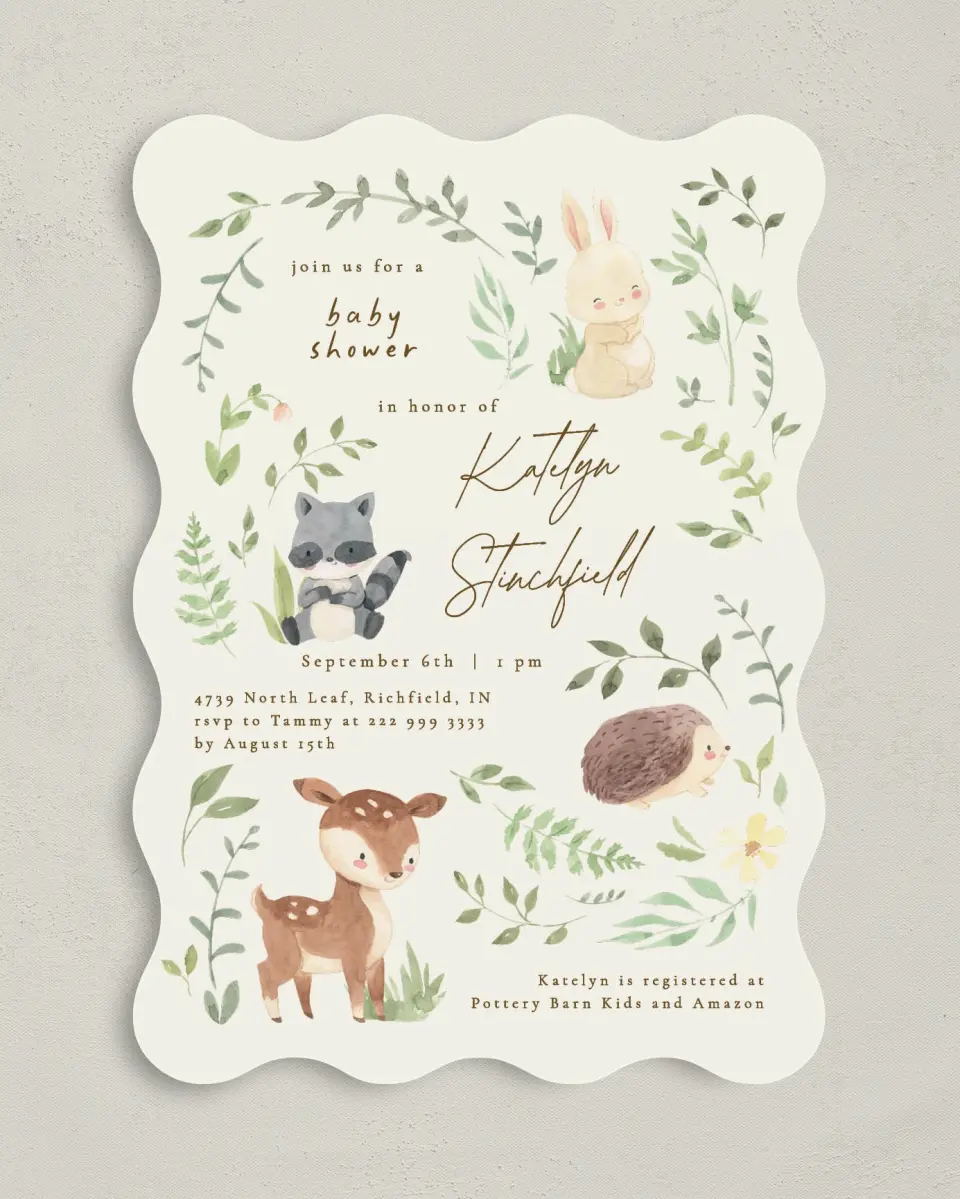 This is a 5" x 7" Baby Shower Invitation called Forest Friends printed in full color on Premium Smooth paper